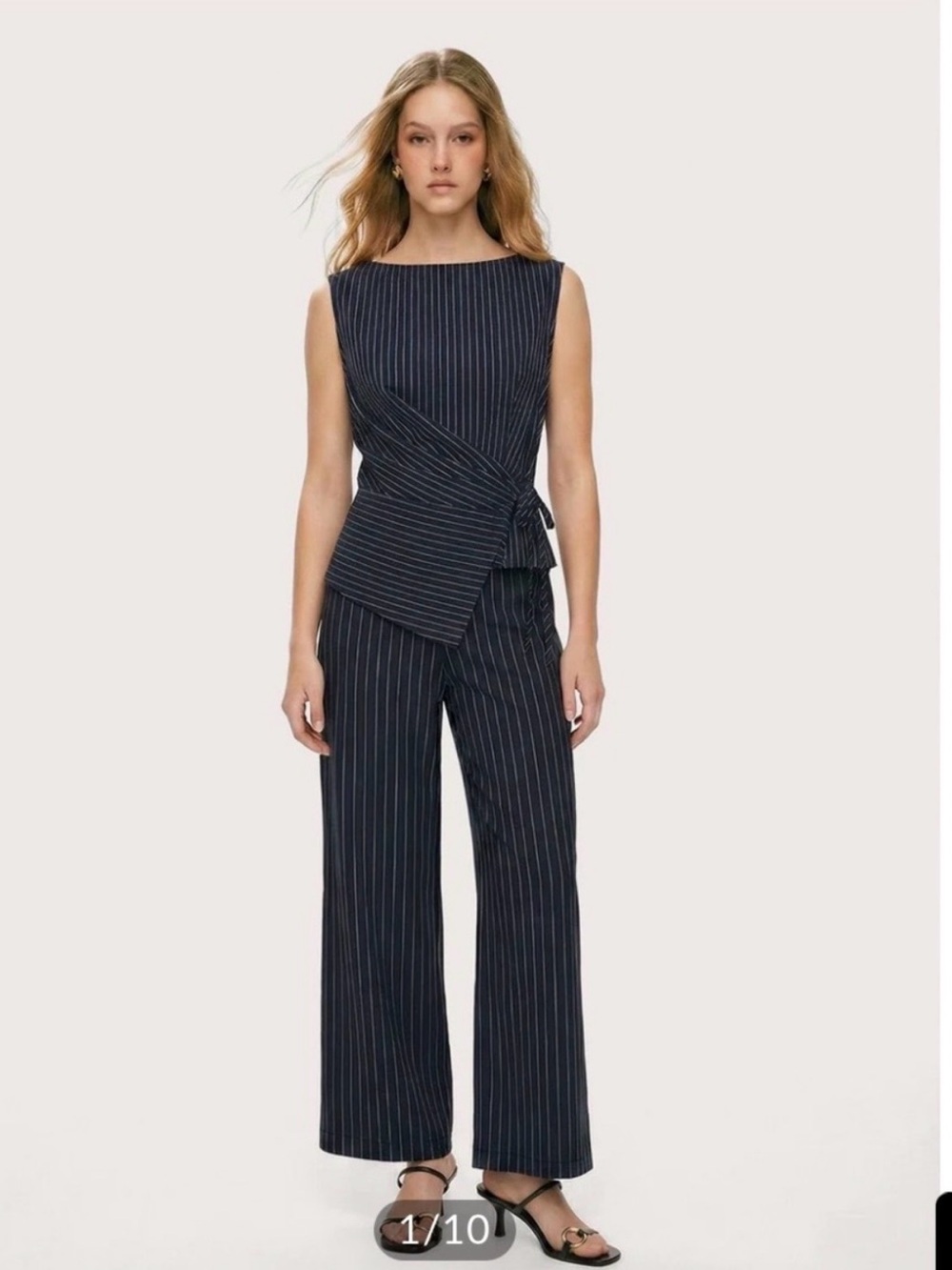 BLOWOUT SALE. Commense Navy Pinstripe Sleeveless Wrap-Detail Wide-Leg Jumpsuit